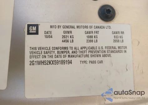 2005 Chevrolet Impala Ls from USA, damaged, VIN 2G1WH52KX59189194